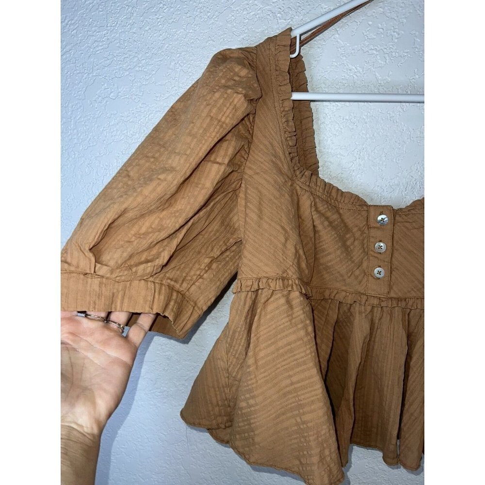 Free People Top NWTS Cotton Oversized Crop Ruffles Puff Sleeves Clay Color (m) - Picture 3 of 12